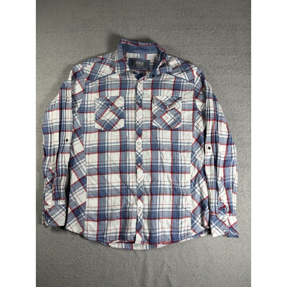 BKE Mens Plaid Western Pearl Snap Shirt Large Standard Fit Blue Red White L/s